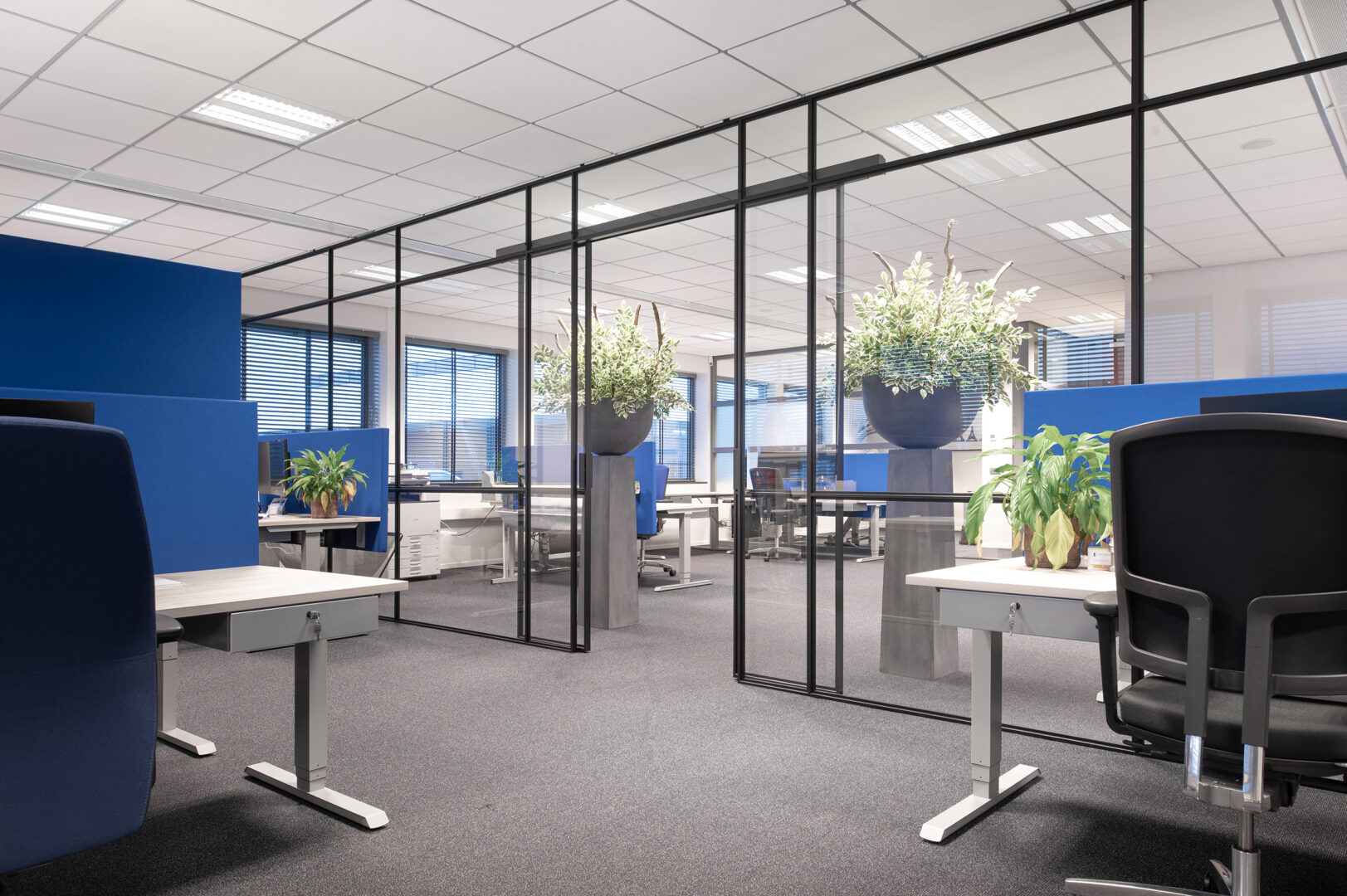 Grote stalen pui in kantoor met blauwe muur